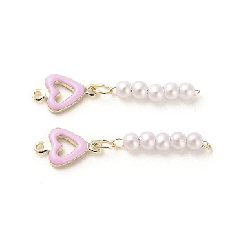Rack Plating Brass Enamel Heart Links Connector Charms, with ABS Plastic Imitation Pearl Beads, Real 18K Gold Plated, Pink, 30.5mm, Hole: 1mm