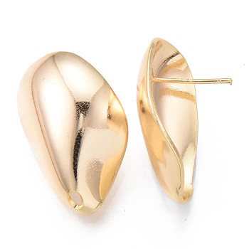Brass Stud Earrings Findings, Nickel Free, Twist Teardrop, Real 18K Gold Plated, 24x16mm, Hole: 1.4mm, Pin: 0.7mm