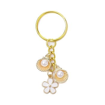 Alloy Keychain, with Iron Ring, Shell with Flower, Golden, 6.8cm