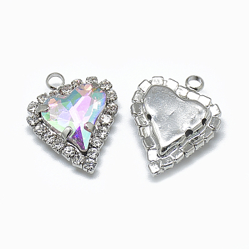 Glass Rhinestone Pendants, with Platinum Tone Brass Findings, Heart, Crystal AB, 21x16.5x6mm, Hole: 2mm