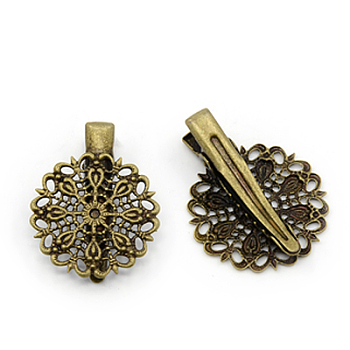 Alligator Hair Clip Findings, with Brass Filigree Trays and Iron Alligator Clips, Antique Bronze, 33~35x25x9mm