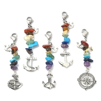 Anchor Tibetan Style Alloy Pendant Decorations, Chakra Gemstone Chips and Lobster Claw Clasps Charm, 75~80mm, 5pcs/set