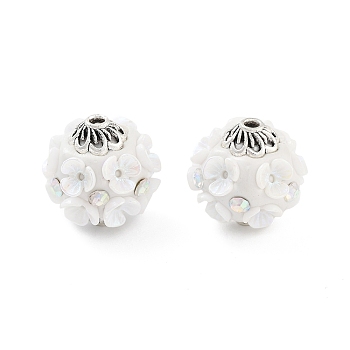 Handmade Indonesia Beads, with Alloy, Resin and Glass, Flower, Antique Silver, White, 18.5mm, Hole: 2mm