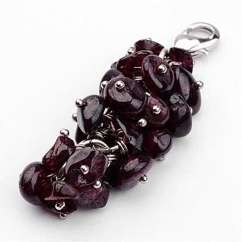 Natural Chip Garnet Pendant Decorations, with Brass Lobster Claw Clasps, Platinum, Dark Red, 53mm