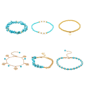 6Pcs 6 Style Alloy Flower Charm Bracelets Set, Synthetic Turquoise Chips Beaded Stretch Stackable Bracelets, Golden, 6-3/4~9-1/4 inch(17.1~23.6cm), 1Pc/style