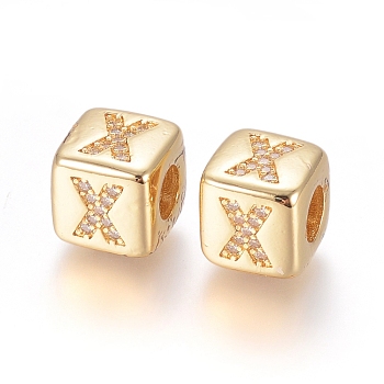 Brass Micro Pave Cubic Zirconia European Beads, Horizontal Hole, Large Hole Beads, Long-Lasting Plated, Cube with Letter, Golden, Clear, Letter.X, 9x9x9.5mm, Hole: 4.5mm