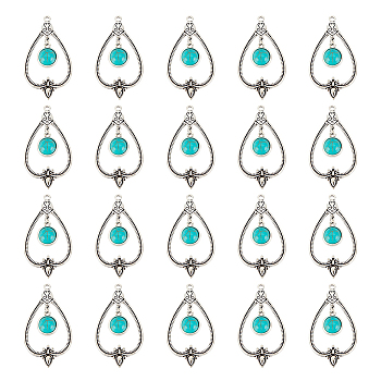 20Pcs Synthetic Turquoise Big Pendants, with Antique Silver Tone Alloy Findings, Hollow Teardrop, 55x30x2.5~5mm, Hole: 2mm