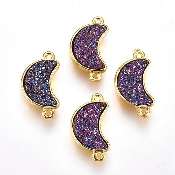 Brass Links connectors, with Druzy Resin, Moon, Golden, Old Rose, 18.5~19x10~10.5x3.5~4mm, Hole: 1mm
