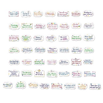 50Pcs Inspirational Theme Cartoon English Word Paper Sticker Label Set, Adhesive Label Stickers, for Suitcase & Skateboard & Refigerator Decor, Mixed Color, 29~47x59~73x0.25mm