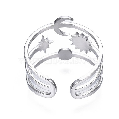 304 Stainless Steel Moon and Star Open Cuff Ring(RJEW-T023-32P)-2