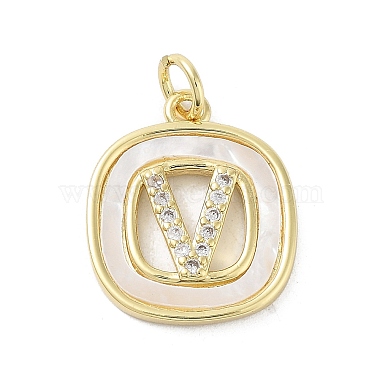 Real 18K Gold Plated Clear Letter V Brass+Cubic Zirconia+Shell Pendants