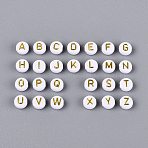 Opaque Acrylic Beads, Flat Round with Letter, Golden Metal Enlaced, White, Gold, 6.5~7x3.5~4mm, Hole: 1.5~1.6mm, about 3846pcs/500g(SACR-Q001-08A-M)