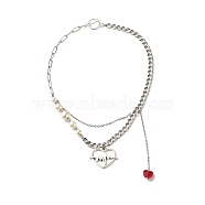 Heartbeat Tibetan Style Alloy Pendant Necklaces, with Glass Beads and 304 Stainless Steel Chains, Red, 16.42 inch(41.7cm)(X1-NJEW-TA00006)