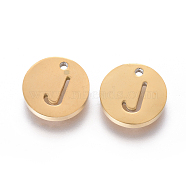 304 Stainless Steel Charms, Ion Plating (IP), Flat Round, Letter.J, 10x1.5mm, Hole: 1mm(STAS-F227-11J-G)