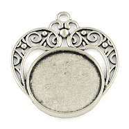 Tibetan Style Alloy Heart Pendant Cabochon Settings, Cadmium Free & Lead Free, Antique Silver, Flat Round Tray: 25mm, 44x39x2.5mm, Hole: 3mm(X-TIBEP-Q045-014AS-RS)