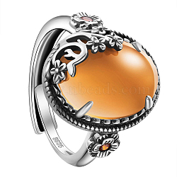 SHEGRACE 925 Sterling Silver Adjustable Rings, with Grade AAA Cubic Zirconia, Oval with Flower, Antique Silver, Dark Orange, US Size 9, Inner Diameter: 19mm(JR829E)