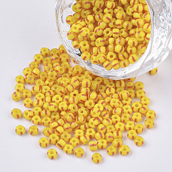 8/0 Grade A Round Glass Seed Beads, Stripe, Opaque Colours Seep, Gold, 3~3.5x2~2.5mm, Hole: 0.9mm, about 15000pcs/bag(SEED-S030-425)