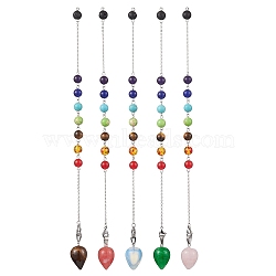 Chakra Synthetic & Natural Mixed Gemstone Pointed Dowsing Pendulums, with 304 Stainless Steel Cable Chains, Round & Teardrop, 250mm, Pendants: 25.5x16mm(PALLOY-JF02608-01)