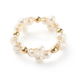 Glass Pearl Beads Finger Rings, with Brass Beads, Ring, White, 7mm, US Size 8(18mm)(X1-RJEW-TA00005)