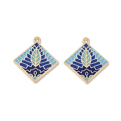 Rack Plating Alloy Enamel Pendants, Rhombus with Leaf Charm, Cadmium Free & Nickel Free & Lead Free, Blue, 28x25x2mm, Hole: 1.5mm(FIND-I038-04C)