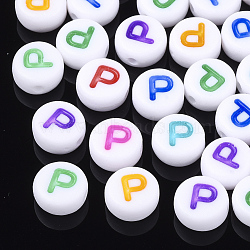 Initial Acrylic Beads, Horizontal Hole, Flat Round, Mixed Color, Letter.P, 7x3.5~4mm, Hole: 1.2mm, about 370pcs/50g(X-OACR-E001-20P)