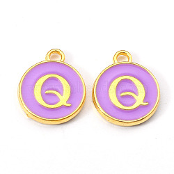 Golden Plated Alloy Enamel Charms, Enamelled Sequins, Flat Round with Letter, Medium Purple, Letter.Q, 14x12x2mm, Hole: 1.5mm(X-ENAM-S118-10Q)