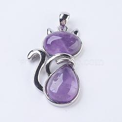 Natural Amethyst Kitten Pendants, with Brass Findings, Cat Silhouette Shape, Platinum, 45x27x8mm, Hole: 5x7mm(G-P352-B06)