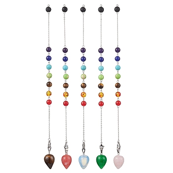 Chakra Synthetic & Natural Mixed Gemstone Pointed Dowsing Pendulums, with 304 Stainless Steel Cable Chains, Round & Teardrop, 250mm, Pendants: 25.5x16mm