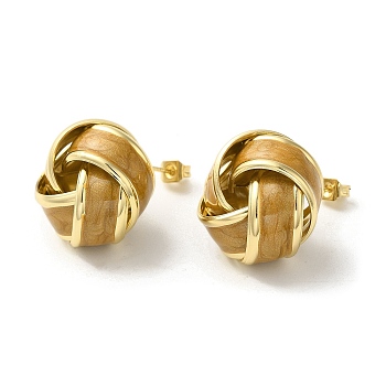 Real 18K Gold Plated Brass Enamel Stud Earrings for Women, Knot, Goldenrod, 21x20.5mm