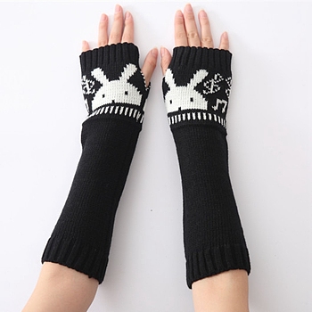 Polyacrylonitrile Fiber Yarn Knitting Long Fingerless Gloves, Arm Warmer, Winter Warm Gloves with Thumb Hole, Rabbit Pattern, Black & White, 320x80mm