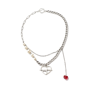 Heartbeat Tibetan Style Alloy Pendant Necklaces, with Glass Beads and 304 Stainless Steel Chains, Red, 16.42 inch(41.7cm)
