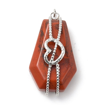 Natural Red Jasper Pendants, Hexagon Charm, with Stainless Steel Color Plated 304 Stainless Steel Heart Findings and Jump Rings, 36~36.5x19.5~20x12~14mm, Hole: 2mm