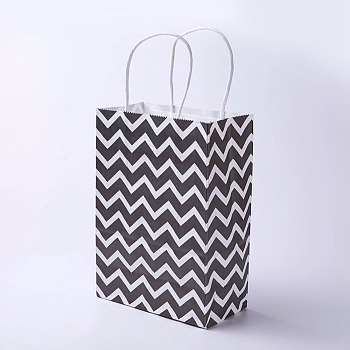 kraft Paper Bags, with Handles, Gift Bags, Shopping Bags, Rectangle, Wave Pattern, Black, 21x15x8cm