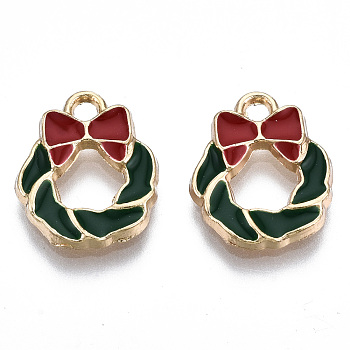 Eco-Friendly Alloy Enamel Pendants, Cadmium Free & Lead Free & Nickel Free, for Christmas, Christmas Wreath with Bowknot, Light Gold, Dark Green, 14.5x12x2mm, Hole: 1.8mm