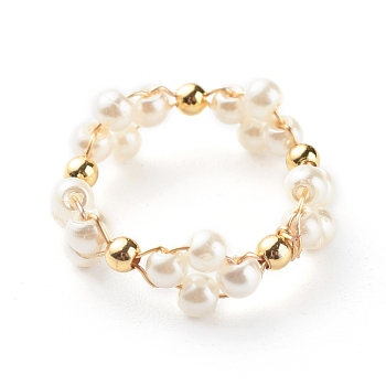 Glass Pearl Beads Finger Rings, with Brass Beads, Ring, White, 7mm, US Size 8(18mm)