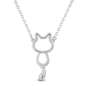 SHEGRACE Rhodium Plated 925 Sterling Silver Pendant Necklaces, with Spring Ring Clasp, Cat Shape, Platinum, 15.8 inch(40cm)