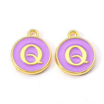 Golden Plated Alloy Enamel Charms, Enamelled Sequins, Flat Round with Letter, Medium Purple, Letter.Q, 14x12x2mm, Hole: 1.5mm
