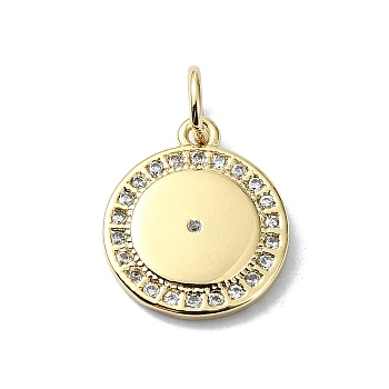 Brass Micro Pave Claer Cubic Zirconia Charms, with Jump Ring, Flat Round, Real 18K Gold Plated, 14x12x2mm, Hole: 3mm