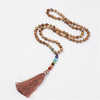 Picture Jasper Beaded and Gemstone Beaded Necklaces, with Tassel Pendants, 32.87 inch(835mm)
