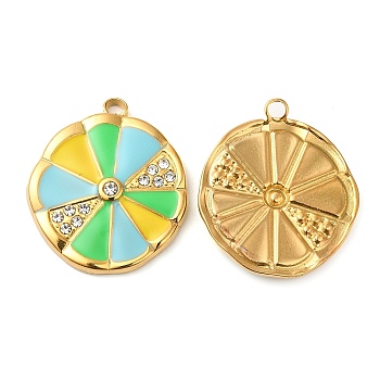 304 Stainless Steel Enamel Pendants, with Rhinestone,  Real 18K Gold Plated, Orange Charm, Colorful, 23.5x20.5x3mm, Hole: 2.2mm