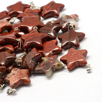 Star Natural Red Rainbow Jasper Pendants, with Platinum Tone Brass Findings, 22~23x20~24x5~7mm, Hole: 2x7mm