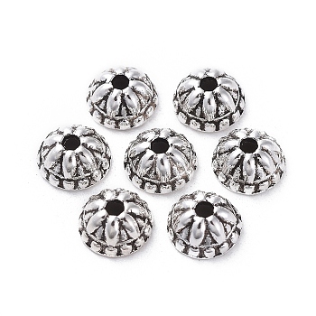 Tibetan Style Alloy Bead Caps, Lead Free, Cadmium Free and Nickel Free, Column, Antique Silver, about 8mm in diameter, 4mm thick, hole: 1.5mm, Inner Size: 6mm