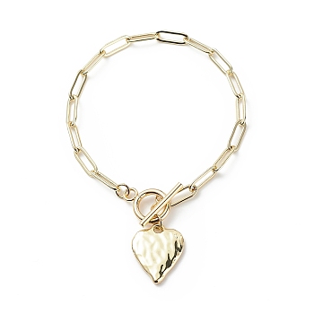 Alloy Heart Charm Bracelet with Brass Paperclip Chains for Woman, Light Gold, 7-1/2 inch(19.2cm)