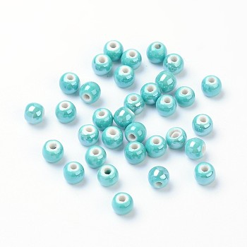 Pearlized Handmade Porcelain Round Beads, Light Sea Green, 6mm, Hole: 1.5mm