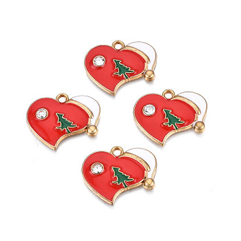 Rack Plating Alloy Enamel Pendants, with Crystal Rhinestone, Cadmium Free & Nickel Free & Lead Free, Light Gold, Heart with Christmas Tree & Hat, Red, 18x21.5x3mm, Hole: 1.6mm