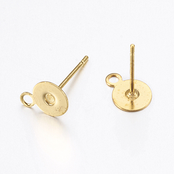 Brass Stud Earring Findings, with Iron Pin and Loop, Golden, 11.5x8x0.1mm, Hole: 1mm, Pin: 0.75mm