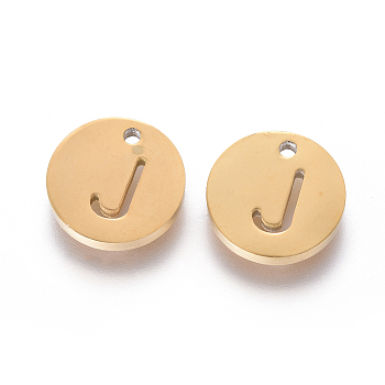 304 Stainless Steel Charms, Ion Plating (IP), Flat Round, Letter.J, 10x1.5mm, Hole: 1mm