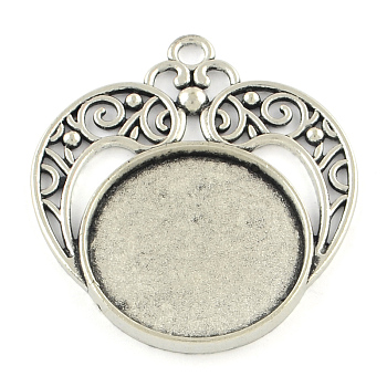 Tibetan Style Alloy Heart Pendant Cabochon Settings, Cadmium Free & Lead Free, Antique Silver, Flat Round Tray: 25mm, 44x39x2.5mm, Hole: 3mm