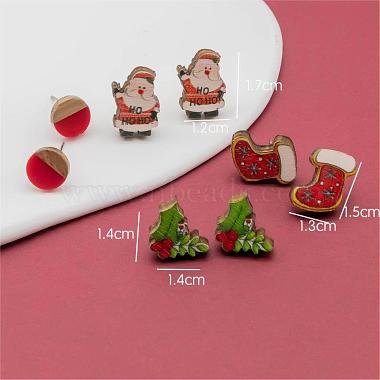 4 Pairs Santa Claus & Holly Leaves & Christmas Socking Printed Wood Stud Earrings(EJEW-OY001-02)-2