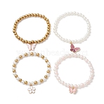 Glass Pearl Stretch Bracelets, with Alloy Enamel Pendants, Mixed Color, Inner Diameter: 2-1/8 inch(5.5cm), 4pcs/set(BJEW-JB10943)